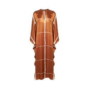 Kiton Women Tan And White Printed Silk Satin Long Kaftan Dress